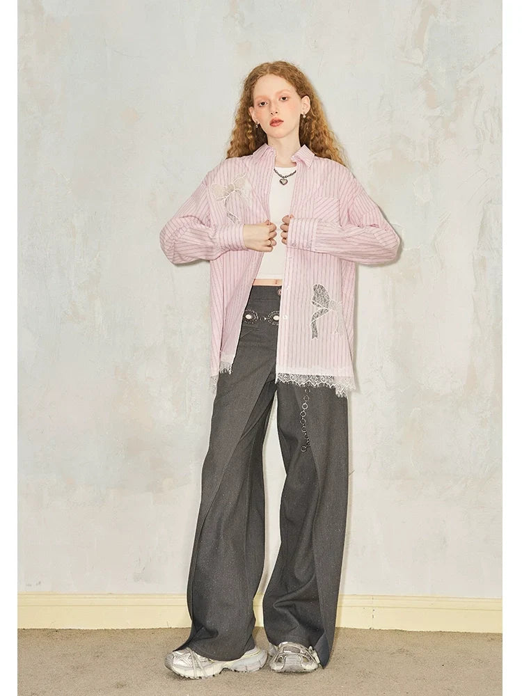 Stripe Lace Hollow Bow Long Sleeve Shirt