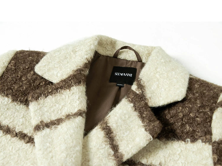 Contrast Stripe Fake Wool Mid-Length Coat