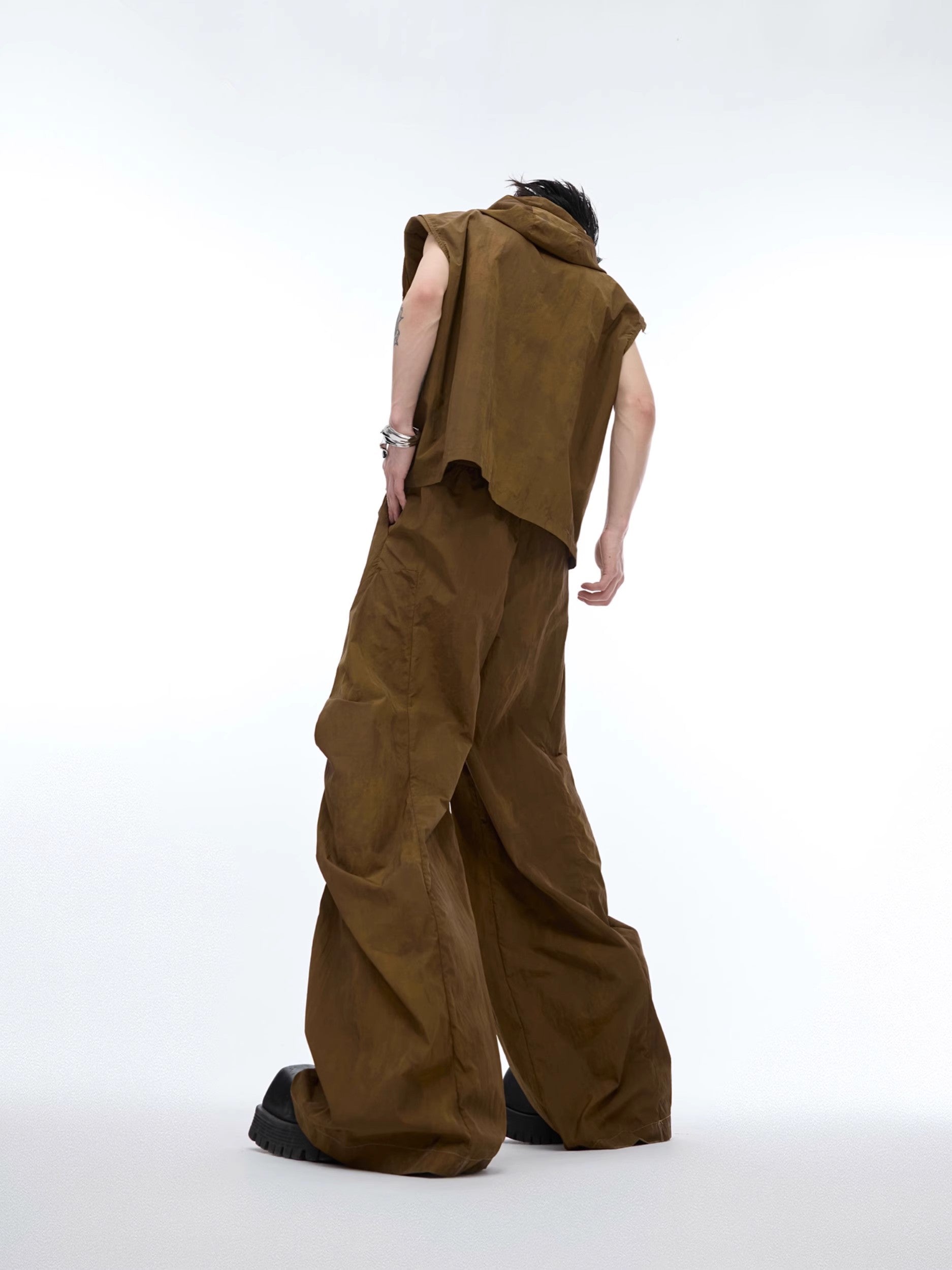 Zipper Hooded Sleeveless Jacket & Workwear Wide-Leg Straight Pants Setup