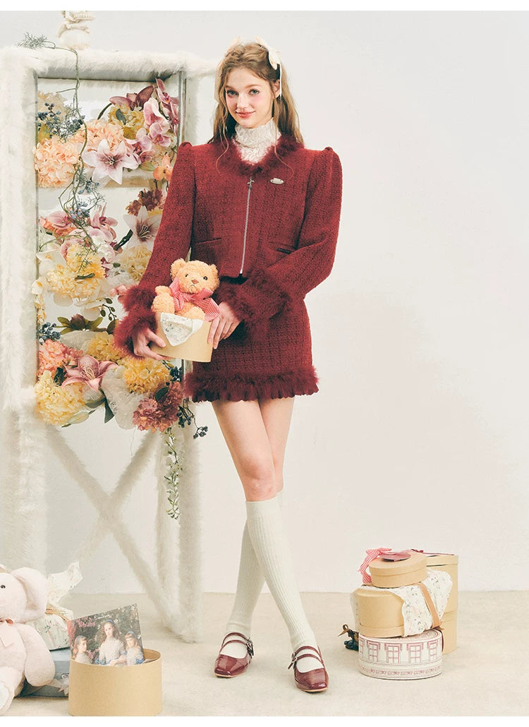 Fur Jacquard Zipper Jacket & Short Skirt Setup
