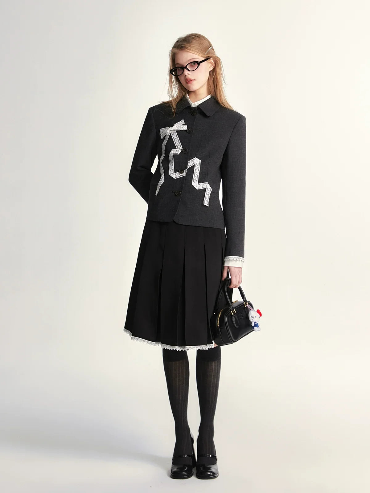 Lace Bow Blazer Jacket & Skirt Setup
