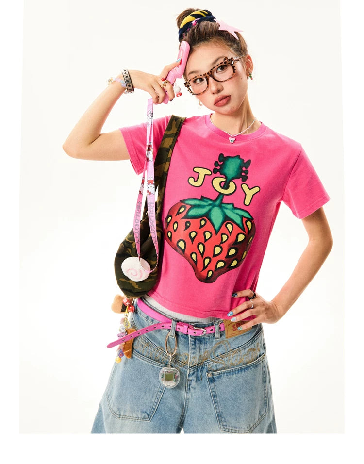 Strawberry Print Cropped Short Sleeve T-Shirt