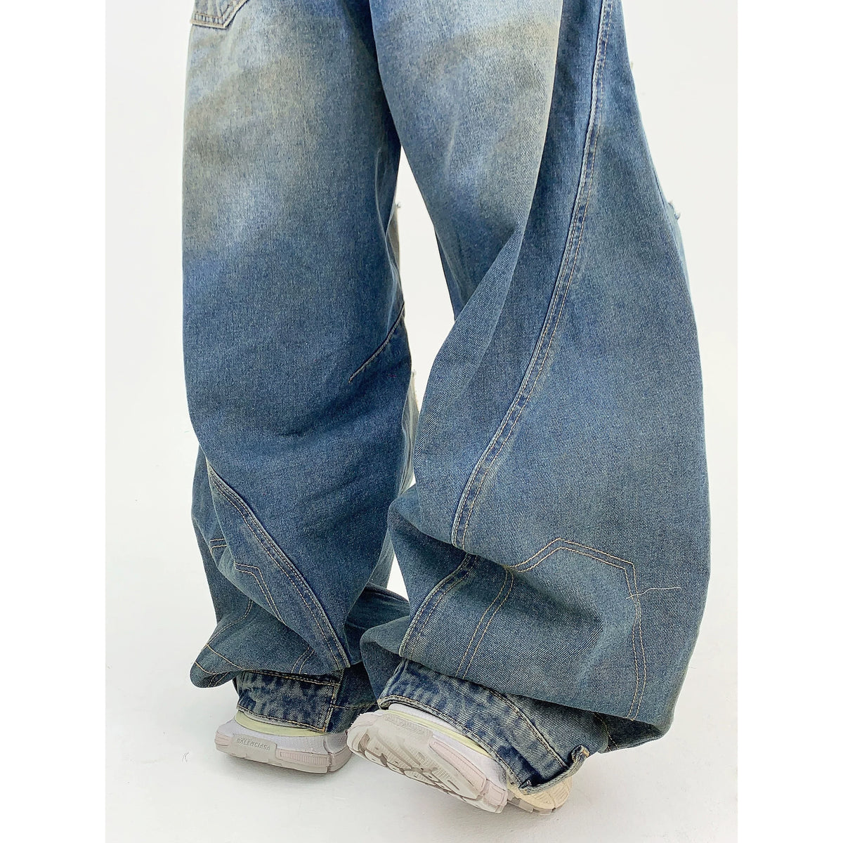 Washed Damaged Wide Leg Denim Jeans