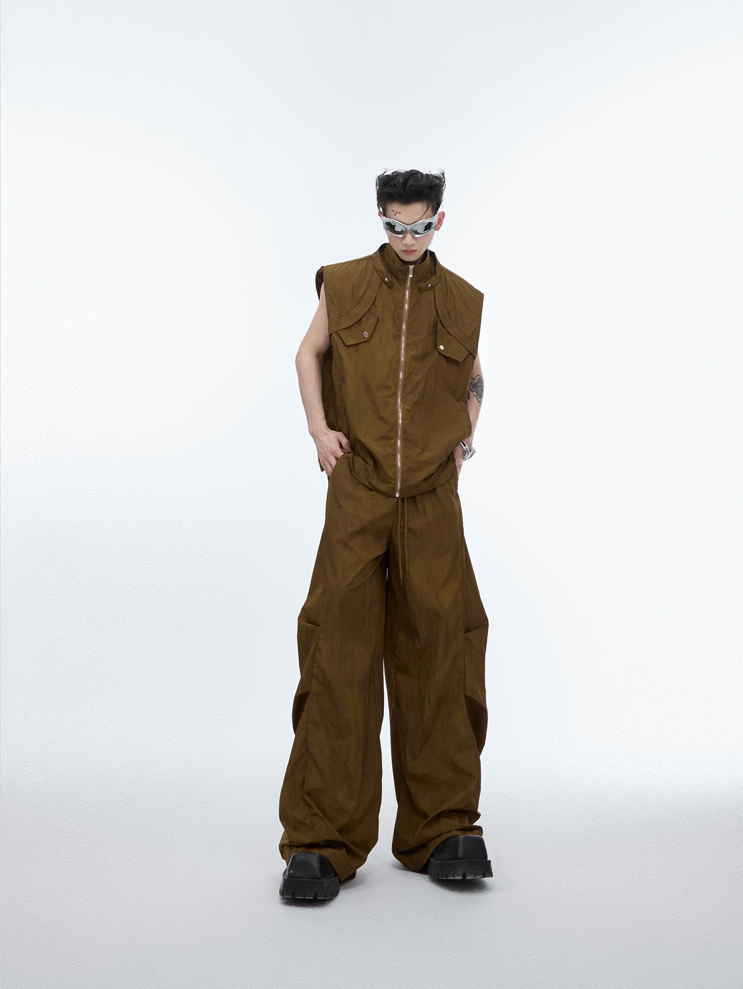 Zipper Hooded Sleeveless Jacket & Workwear Wide-Leg Straight Pants Setup