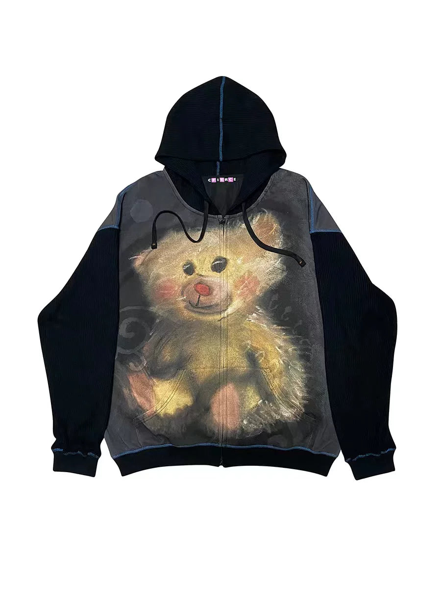 Sudadera con capucha y cremallera con estampado de oso