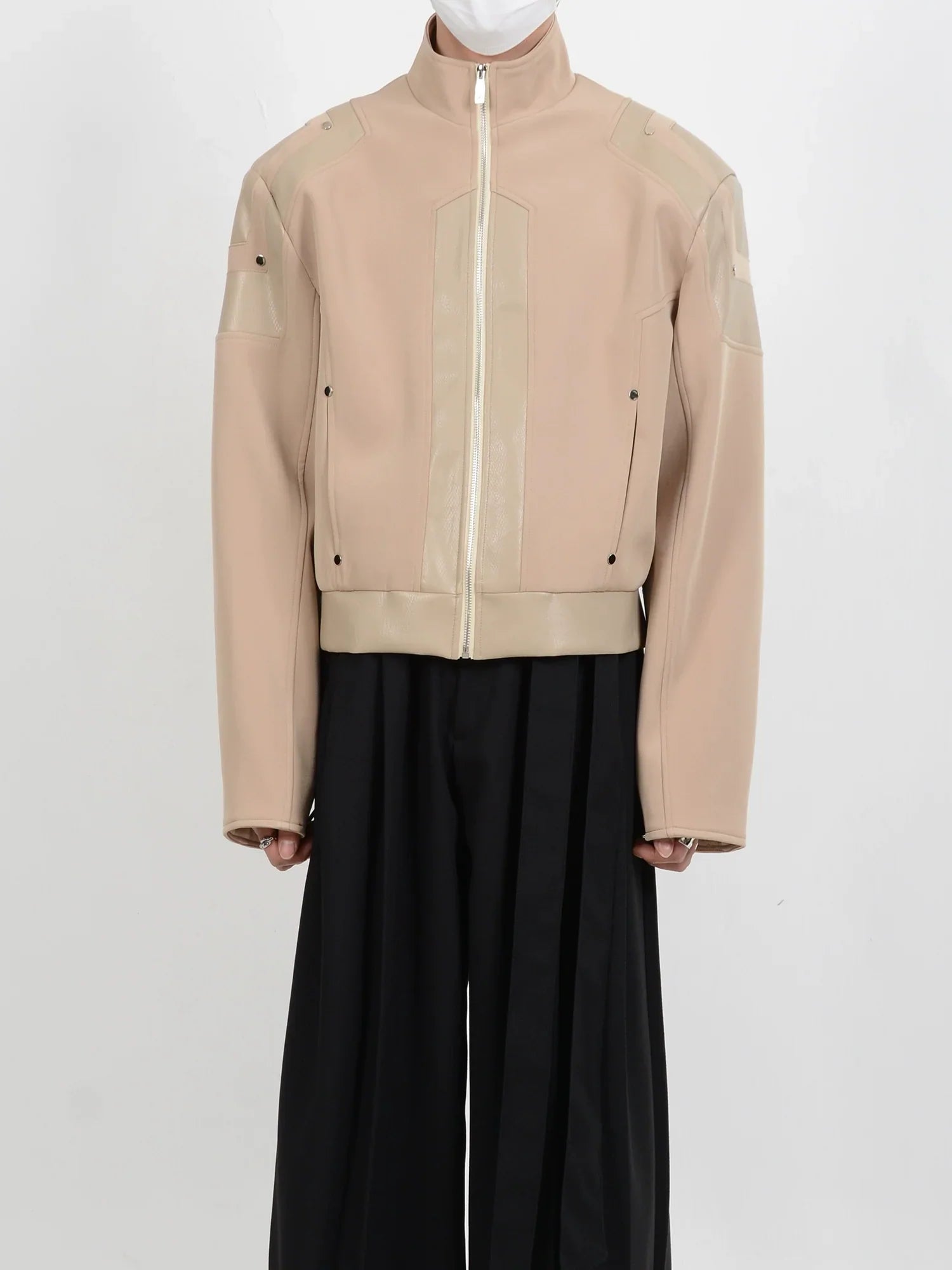 Stand Neck  PU Leather Mix Short Jacket
