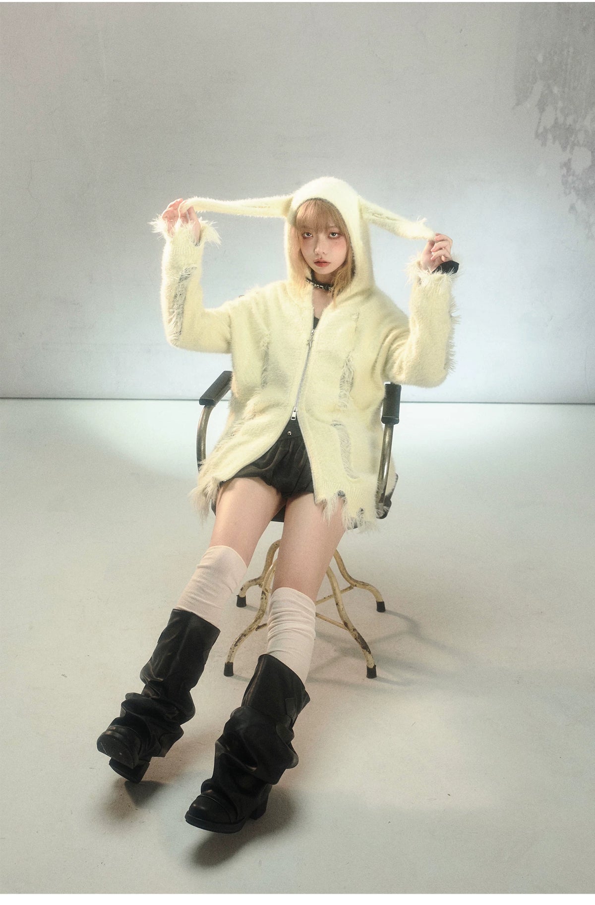 Rabbit Ear Zipper Knit Hoodie