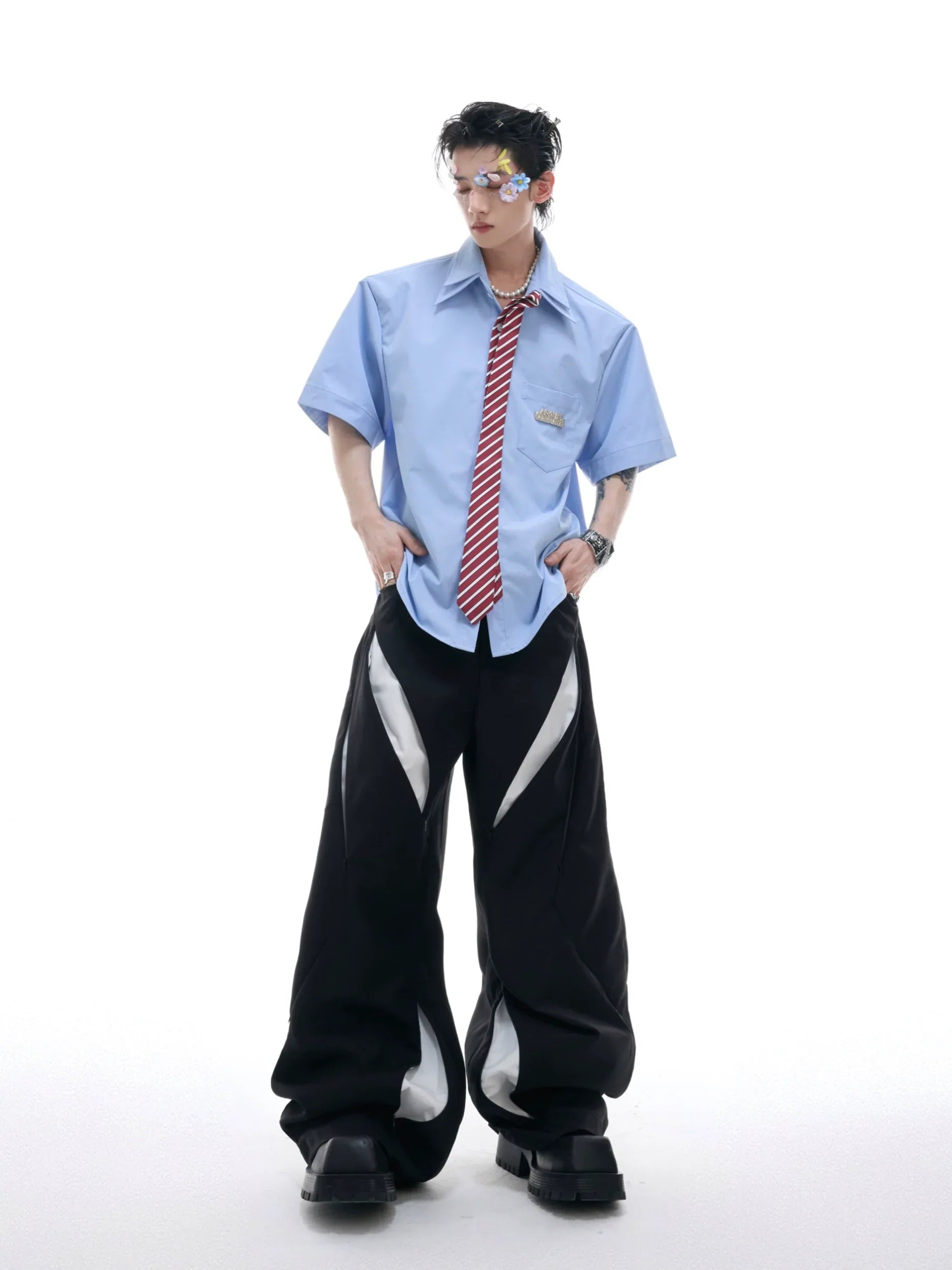 Double Collar Design Tie & Collared Short Sleeve Shirt