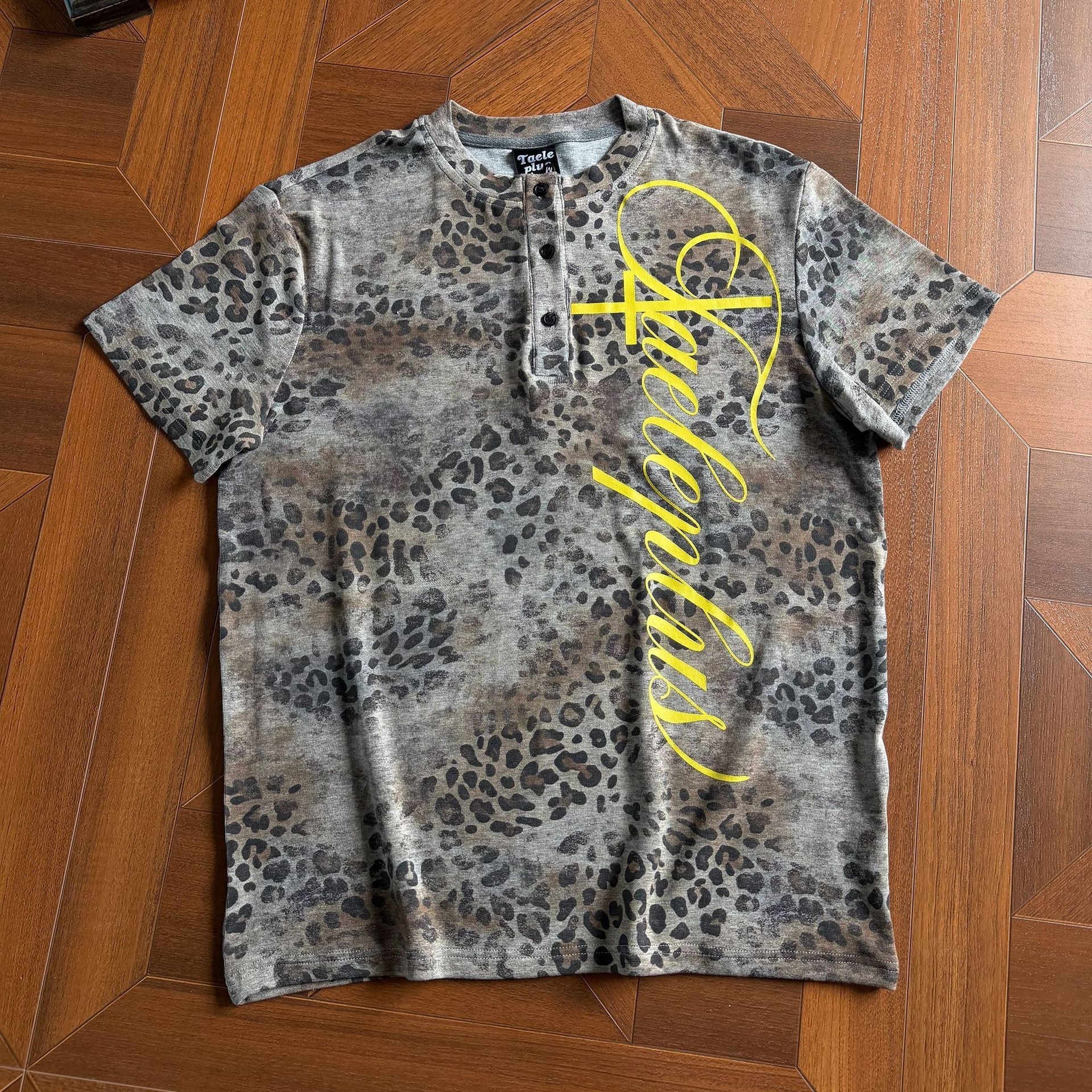 Leopard Letter Print Button Placket Short Sleeve T-Shirt