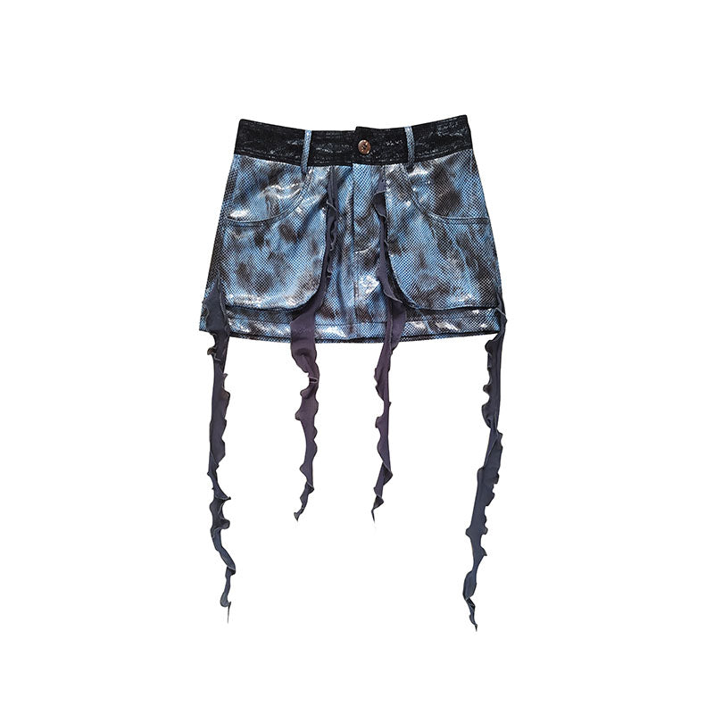 Fringe Patchwork PU Leather Skirt