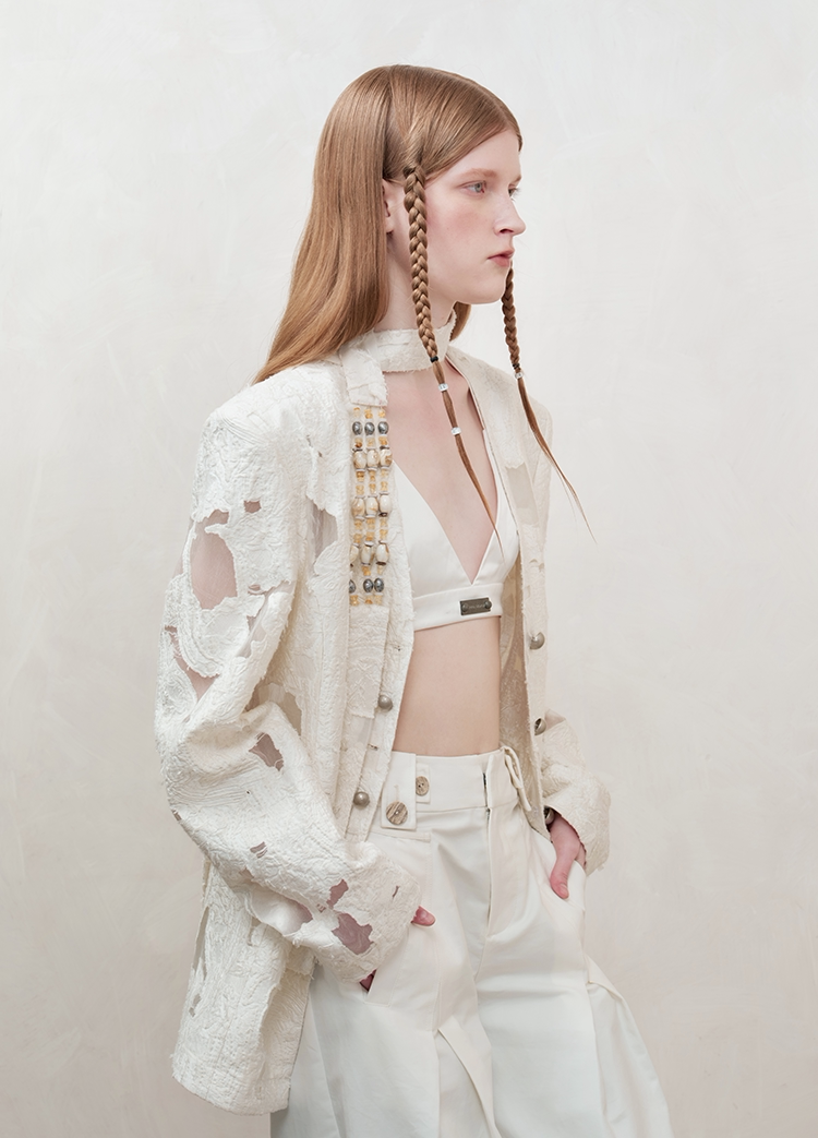 Beaded Collarless Tailored Jacket