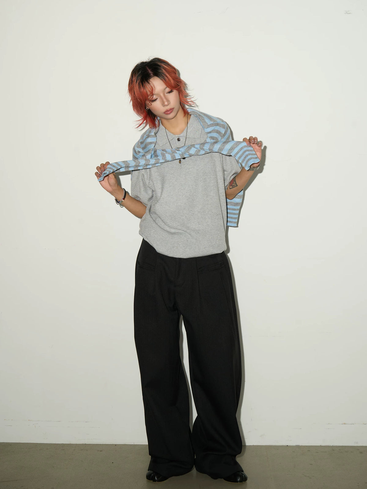 Contrast Stripe Wool Knit High-Neck Cardigan