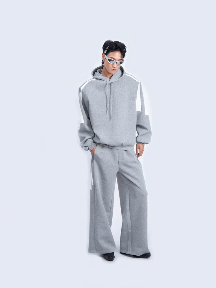 Contrast Pullover Hoodie & Wide-Leg Straight Sweatpants Setup