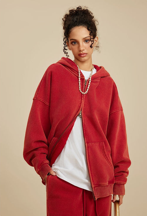 Moletom Oversized com Zíper e Lavagem Estonada - vermelho / S