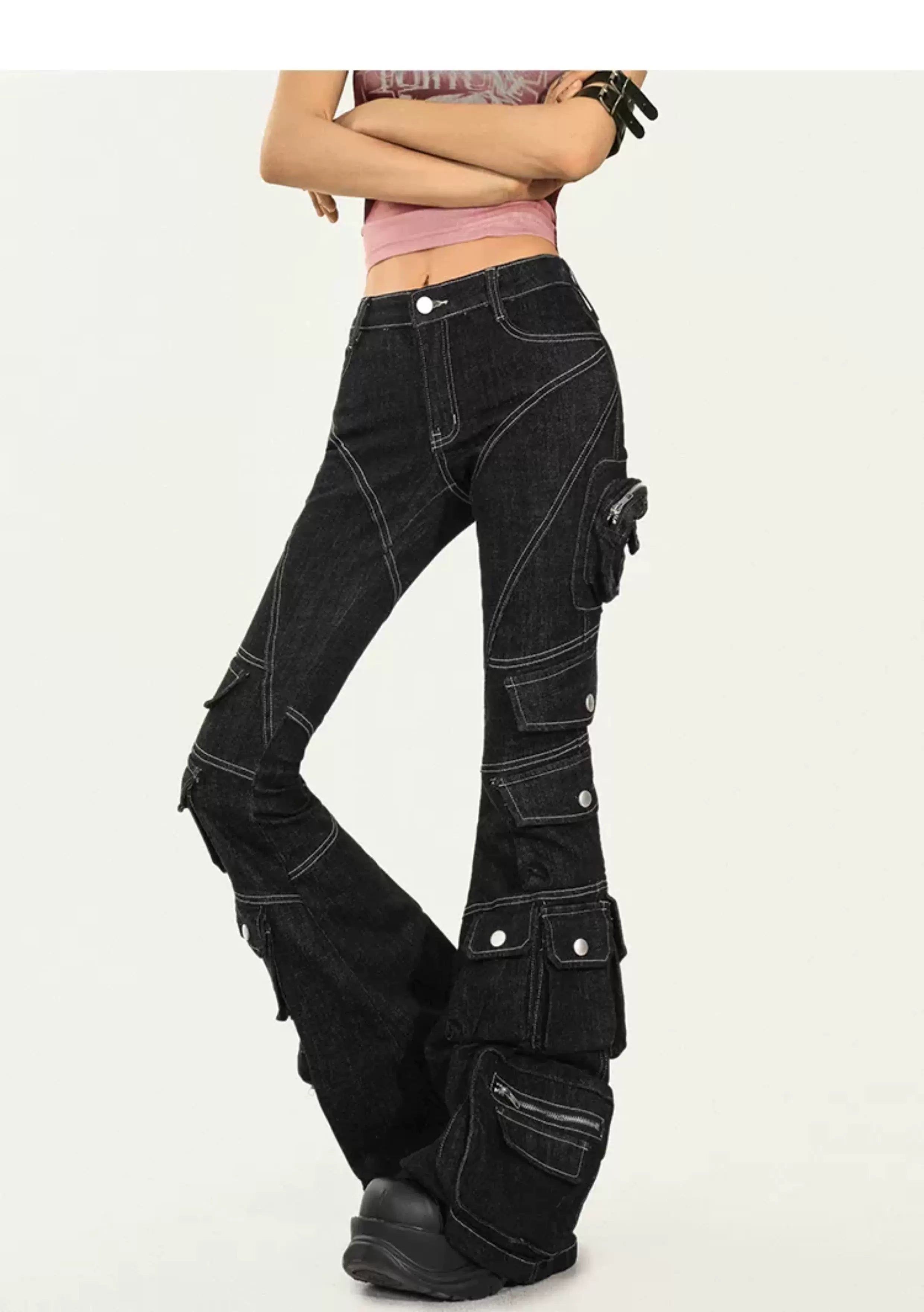 Utility Multi-Pocket Flare Cargo Denim Jeans