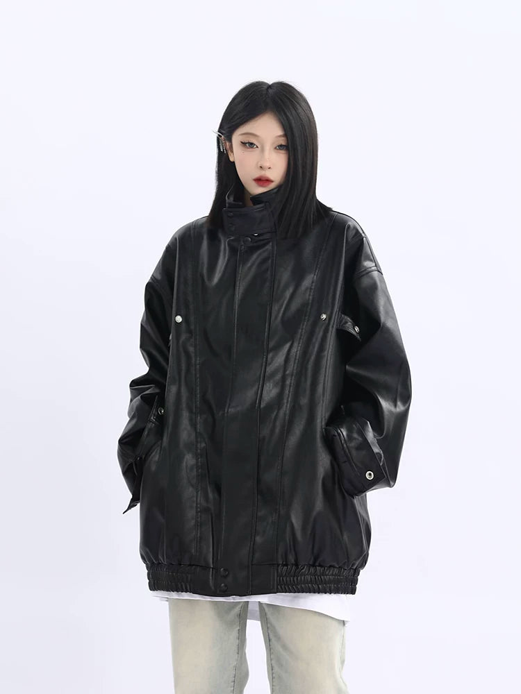 Oversized Standing-Collar PU Leather Jacket