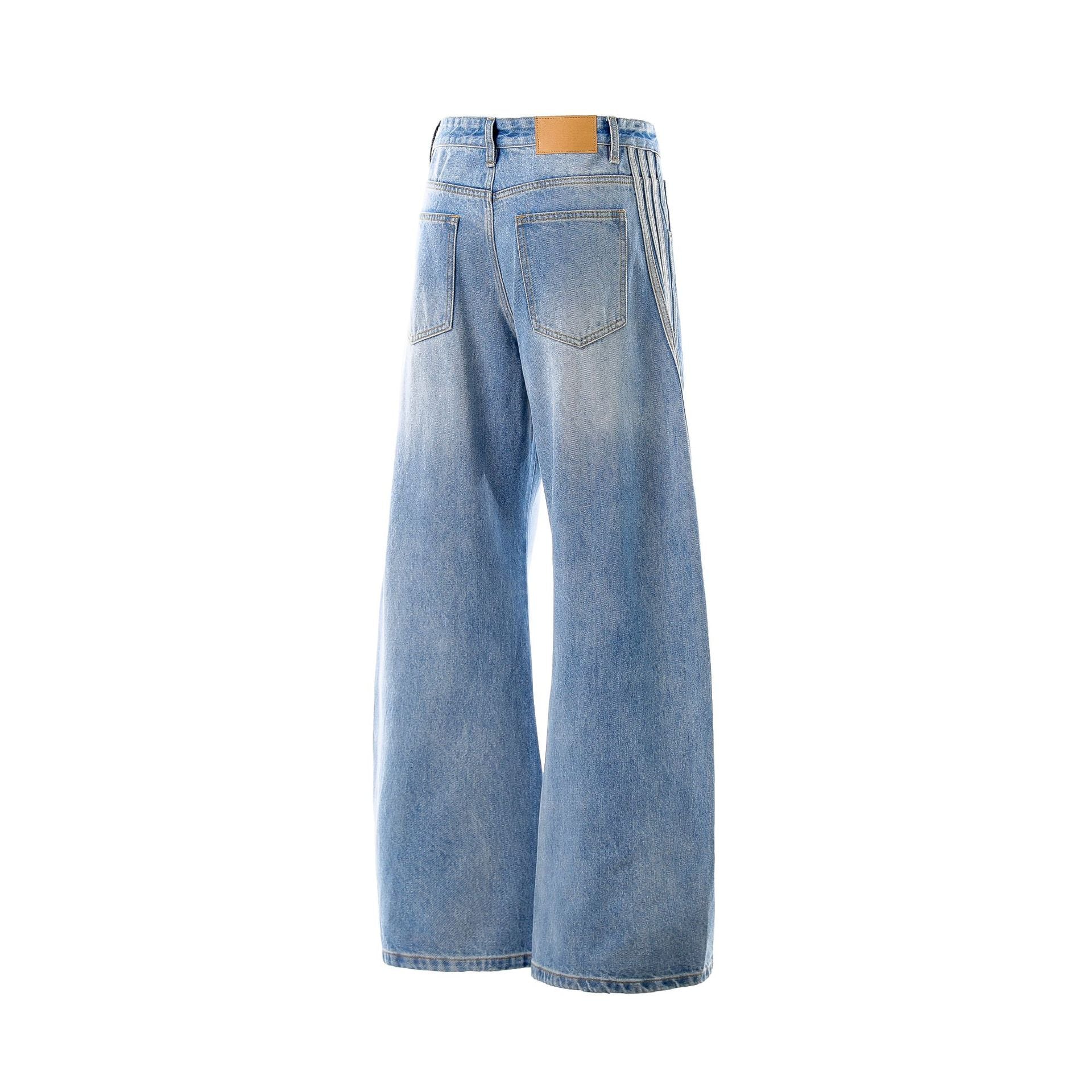 Washed Whisker Pin Tuck Wide Leg Denim Jeans