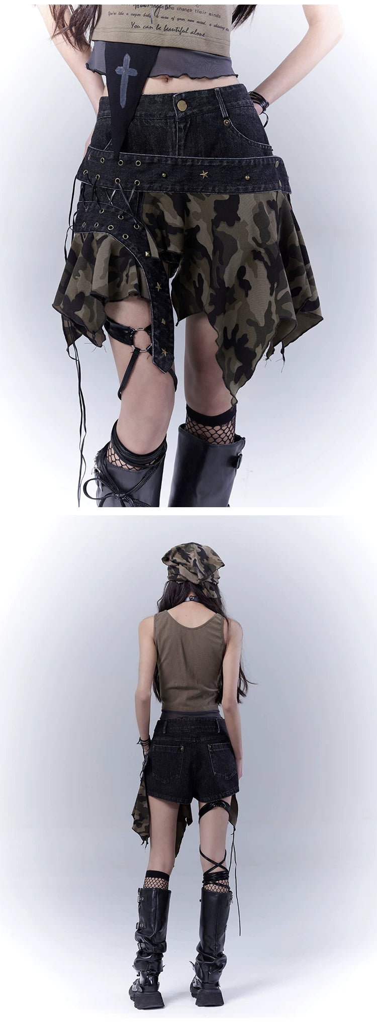 Original Design Damage Camouflage Lace-Up Short Denim Skirt