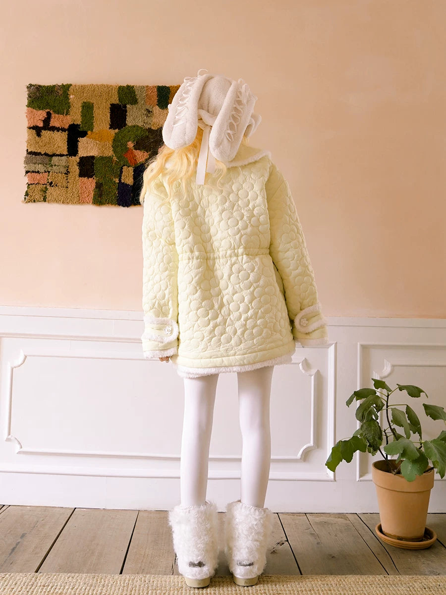 Flower Plush Bow Tie Puffer Jacket