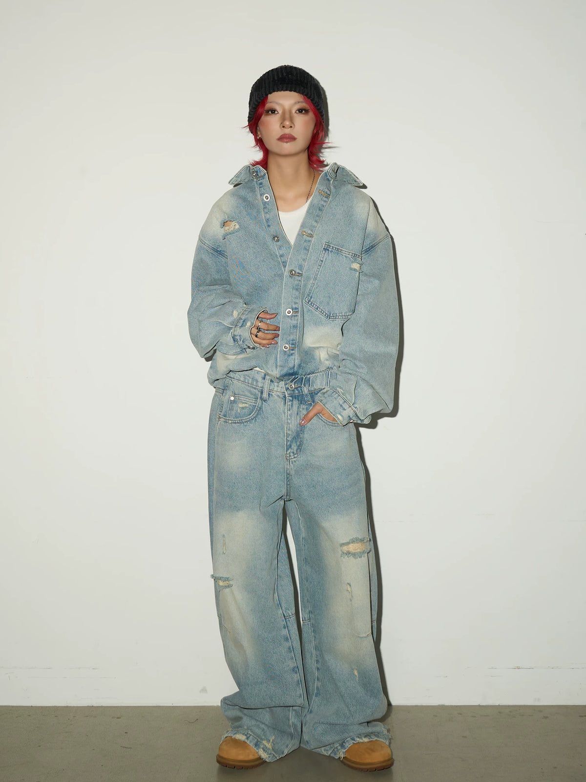 Ripped Damage Denim Jacket &wide Leg Denim Jeans Setup