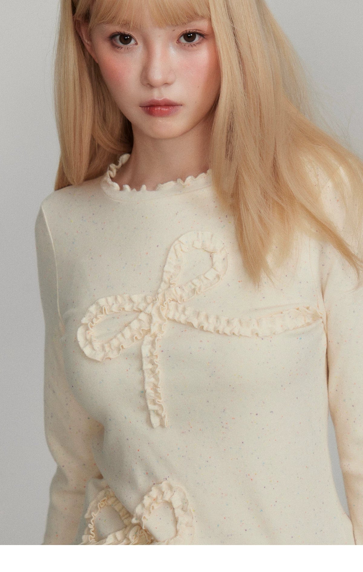 Dot Pattern Bow Lyocell Thermal Long Sleeve T-Shirt