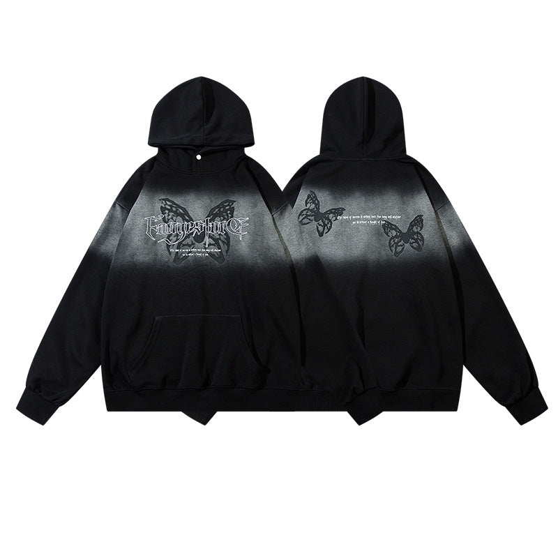 나비 프린트 타이다이 그라데이션 후드 티셔츠