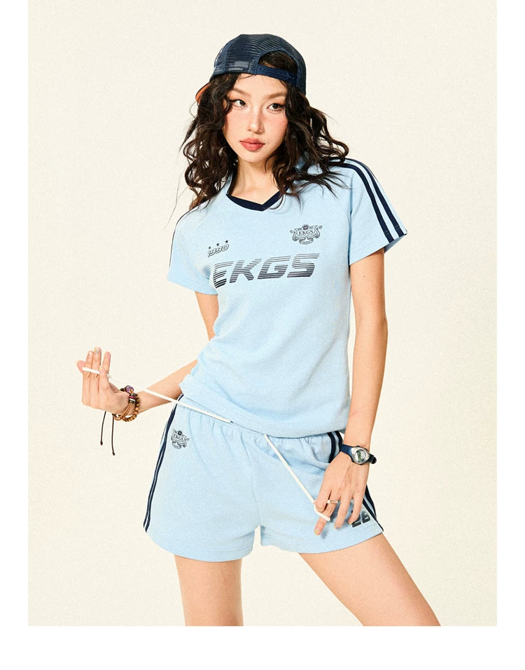 Stripe Letter Print Short Sleeve T-Shirt & Short Pants Setup