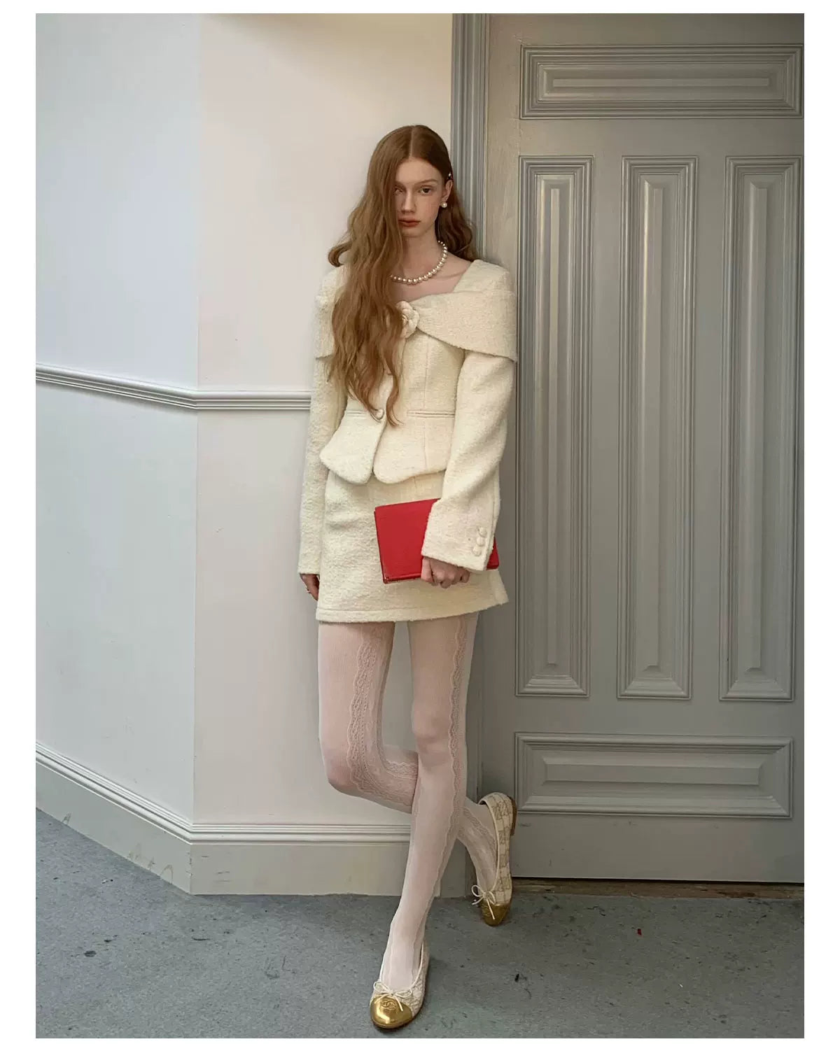 Short Tweed Jacket & Tweed Short Skirt & Tweed Fishtail Long Skirt & Fur Scarf Setup