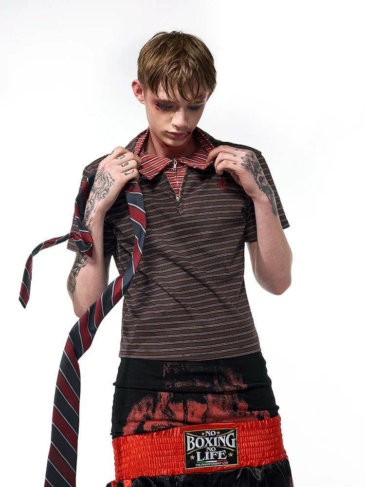 Fake Layered Stripe Zipper Short Sleeve Polo Shirt