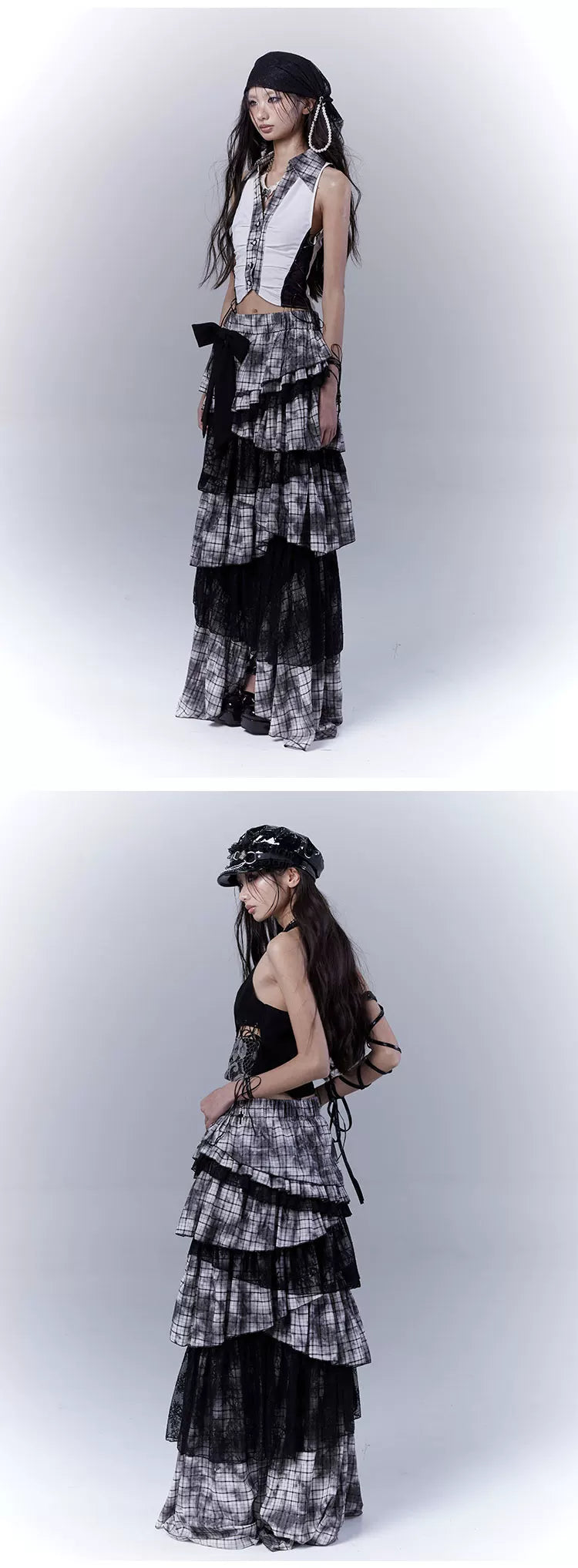 Lace Plaid Tiered Asymmetric Skirt