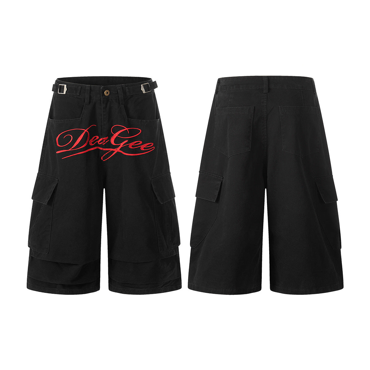 Metal Buckle Logo Print Cargo Cropped Jort