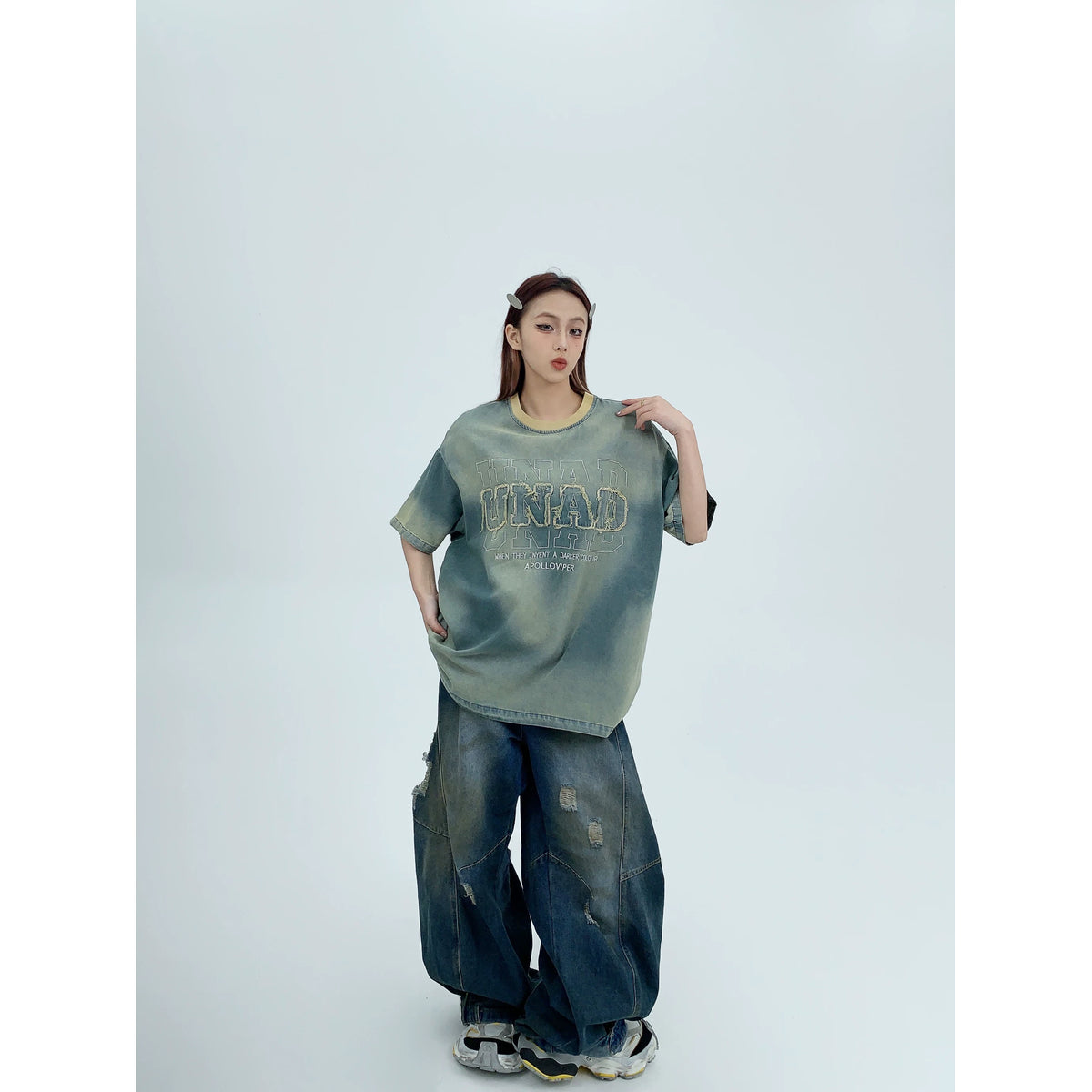 Patch Embroidery Oversized Denim Short Sleeve T-Shirt