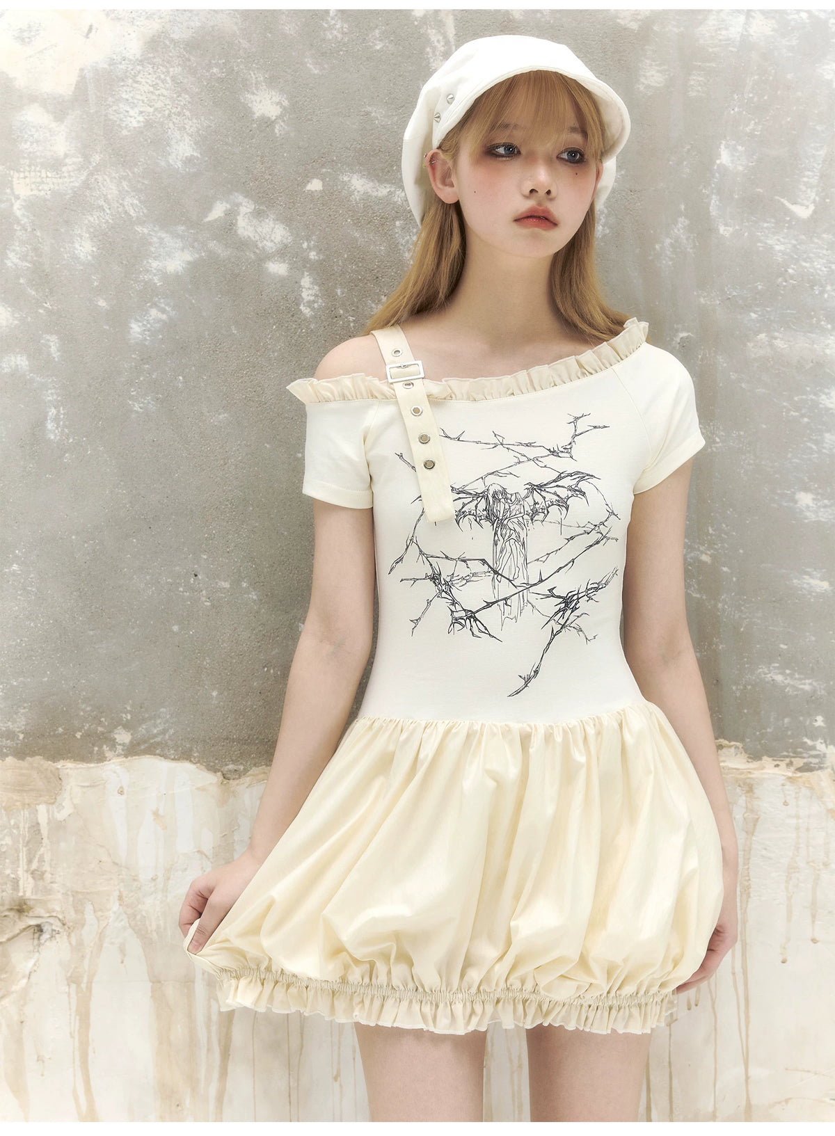 Thorn Angel Print Off-Shoulder Puff Dress