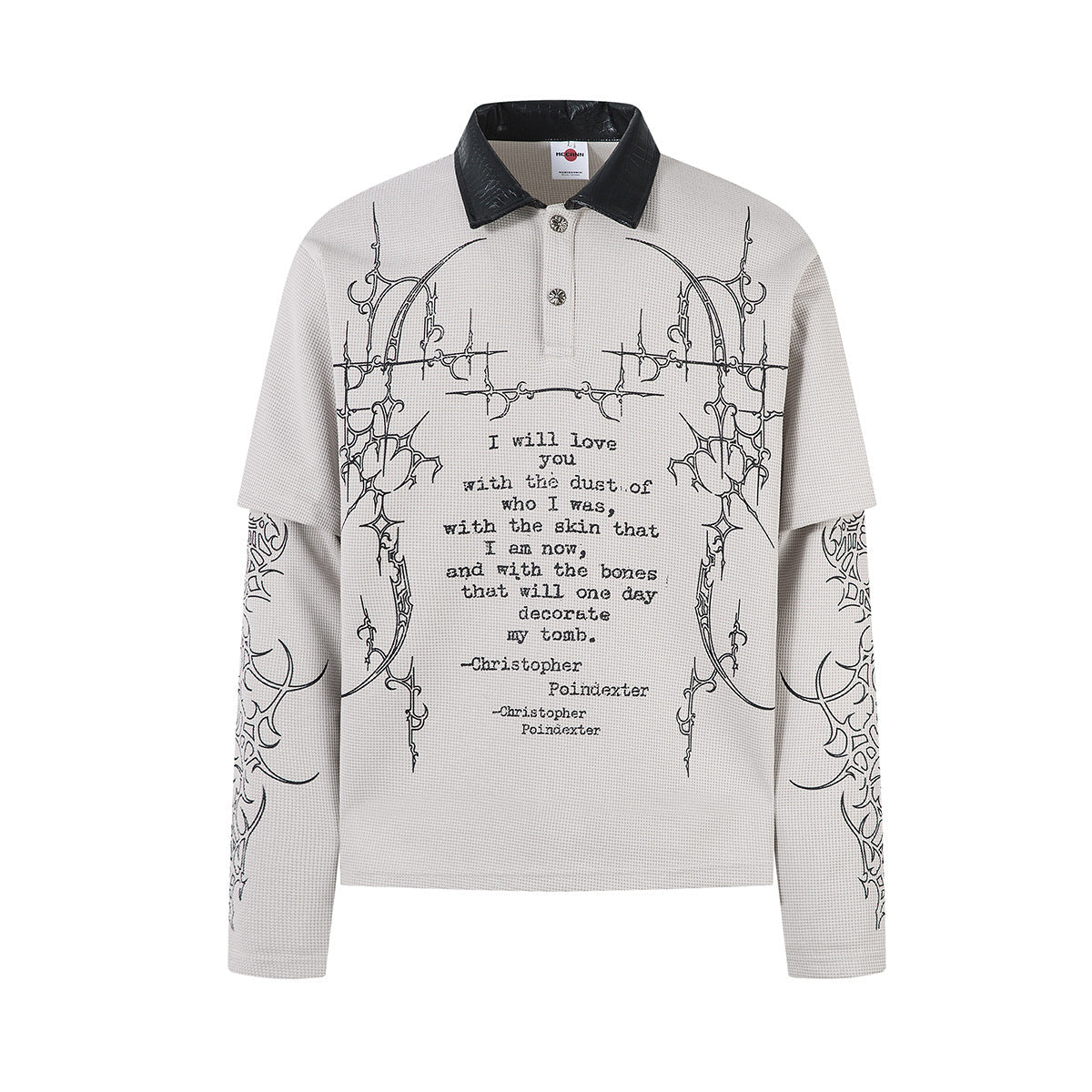 PU Leather Collar Thorn Print Fake Layered Long Sleeve Polo Shirt