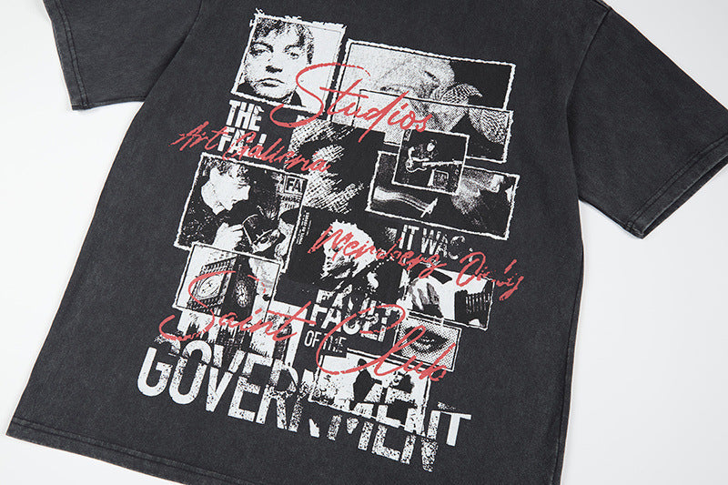 Graphic Print Wash Damage Cotton Short Sleeve T-Shirt