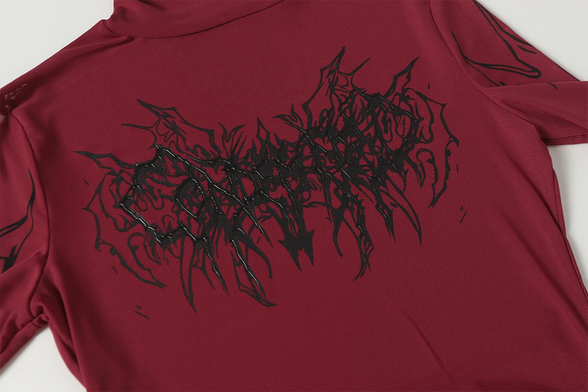 High-Neck Mesh Graphic Print Long Sleeve T-Shirt