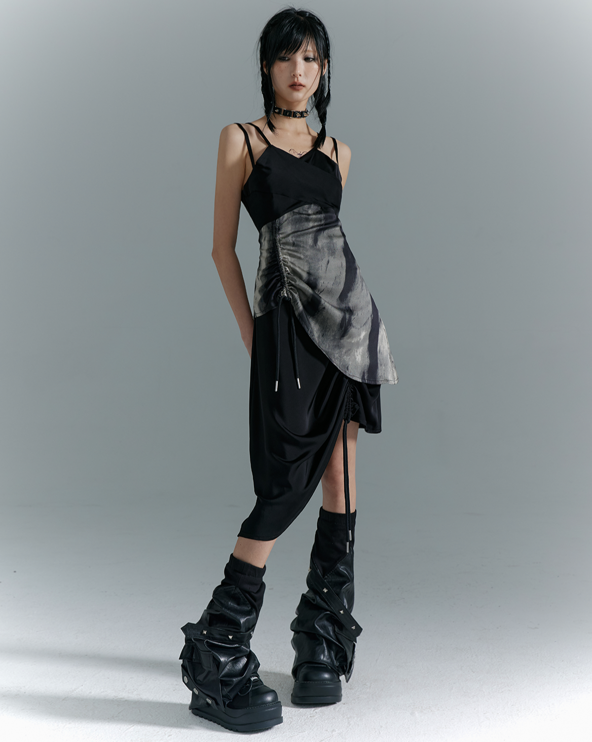 Drawstring Asymmetrical Hem Camisole Midi Dress