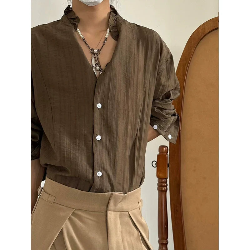 Pleats Lace V-Neck Elegant Long Sleeve Shirt