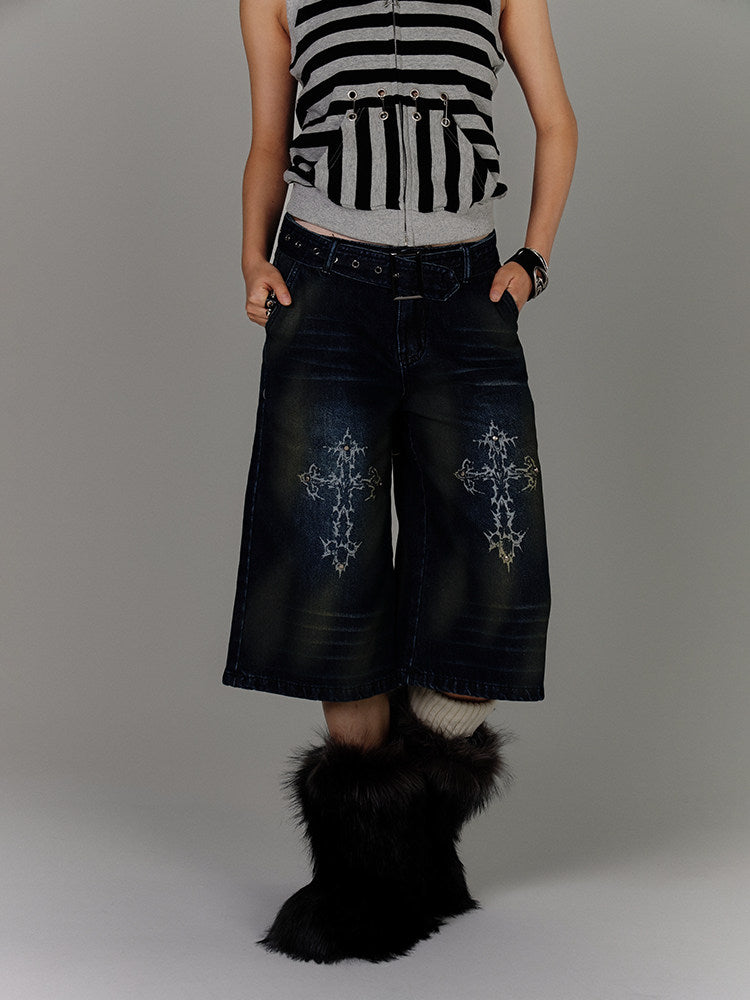 Washed Damage High-Waist Cropped Straight Denim Jeans