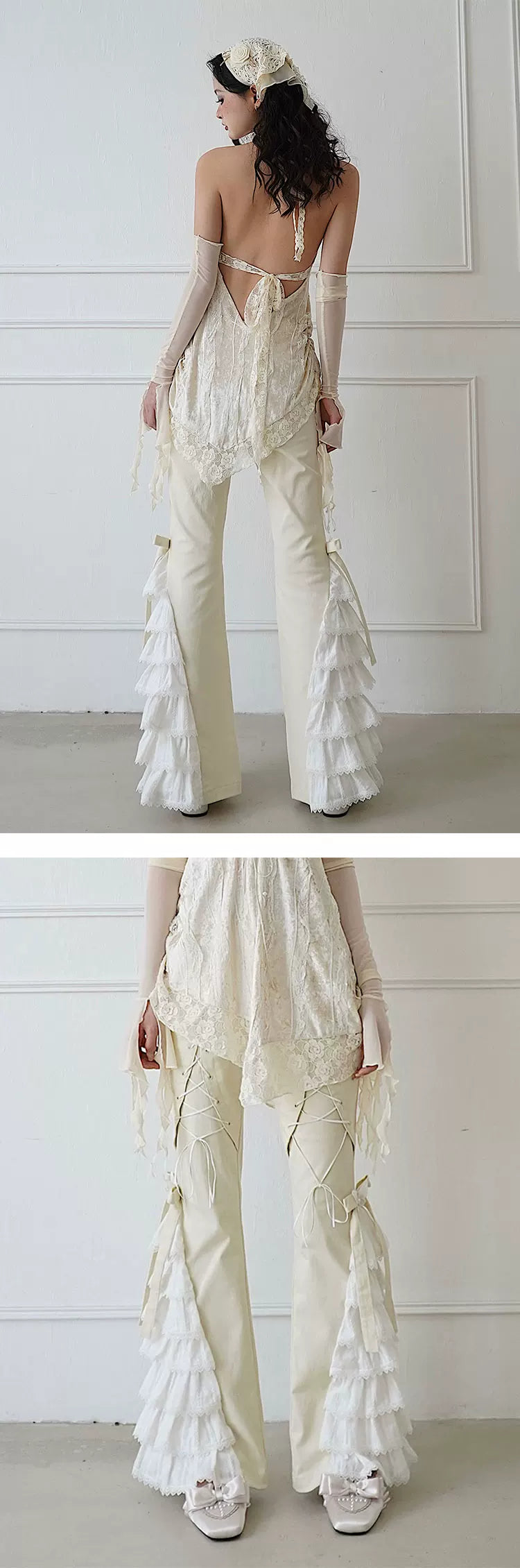 Lace-Trim Ruffle Long Pants