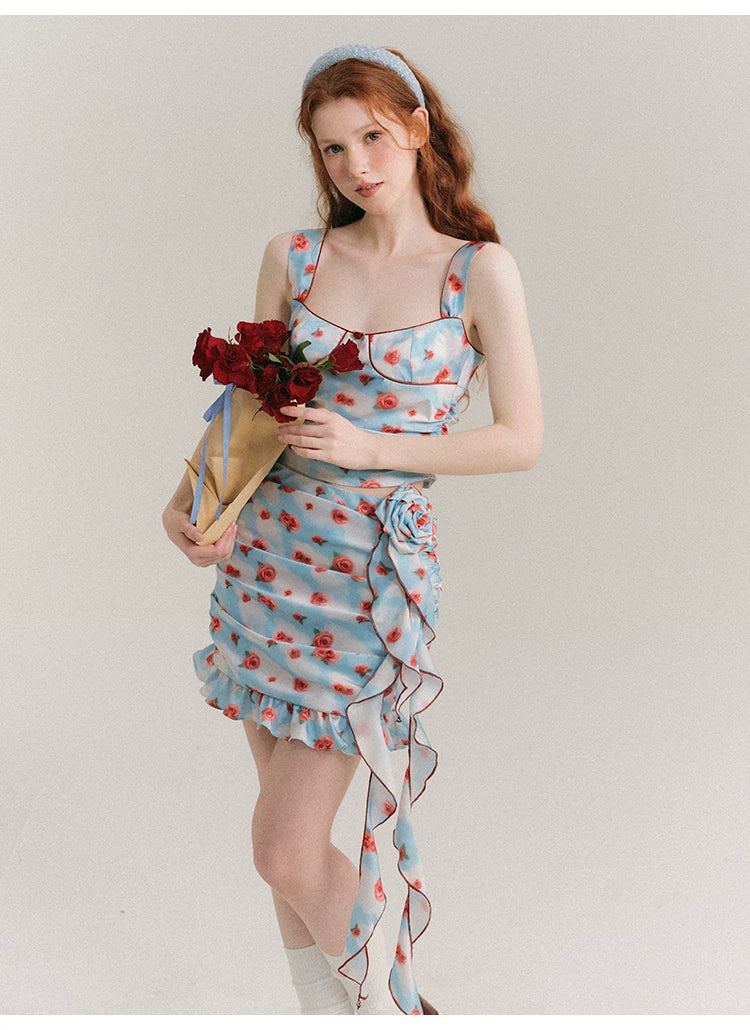 Hand Painted Rose Floral Camisole & Short Skirt Setup