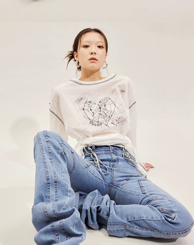 Hand-Drawn Rabbit Print Long Sleeve T-Shirt