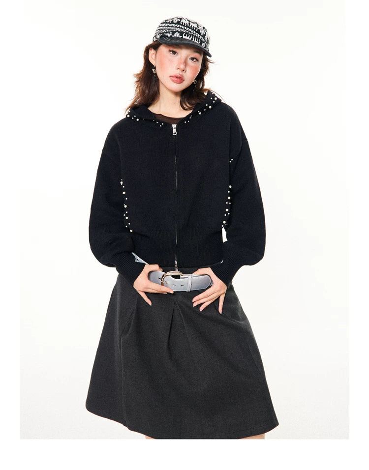 Pearl Embroidery Cropped Zipper Hoodie