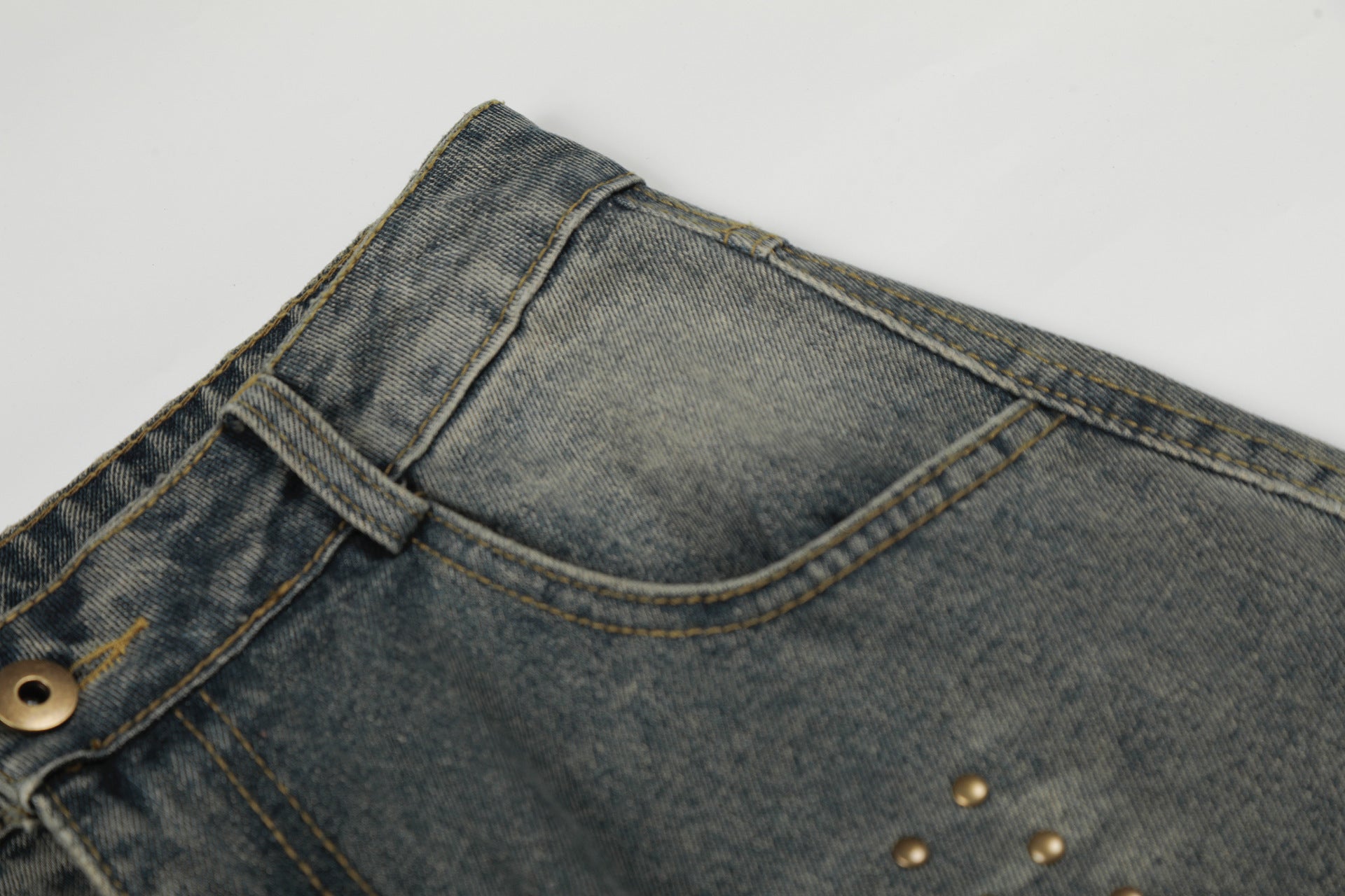 Washed Whisker Cross Studs Wide Leg Denim Jeans