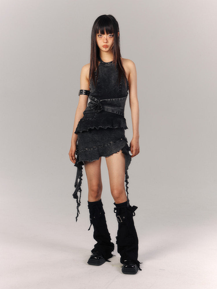 Asymmetrical Halter Denim Sleeveless Dress