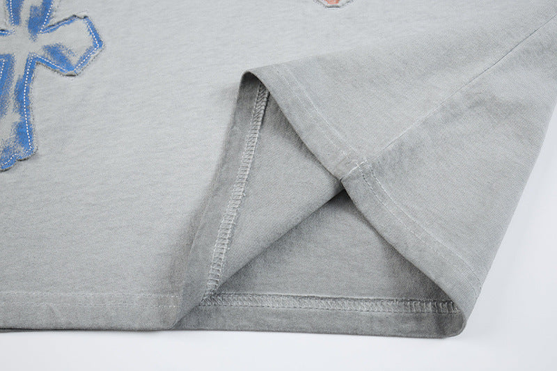 Washed Cross Applique Short Sleeve T-Shirt