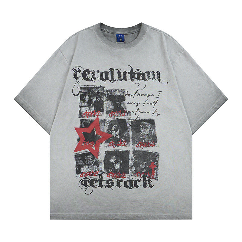 Washed Portrait Letter Print Short Sleeve T-Shirt