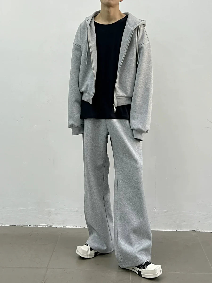 Oversize Short Zipper Hoodie & Wide-leg Straight Sweatpants Setup