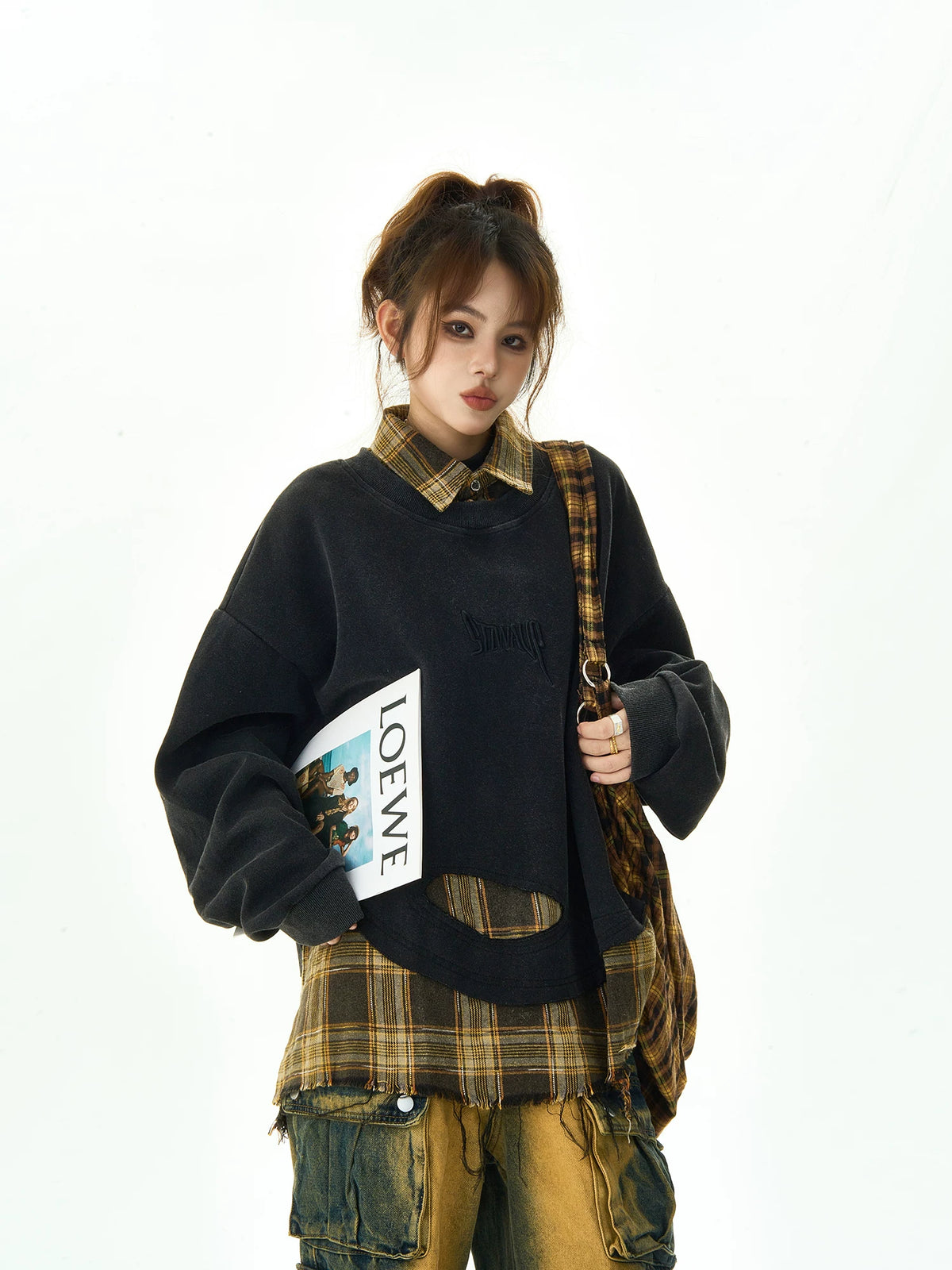 Plaid Stitching Fake Layered Sweatshirt