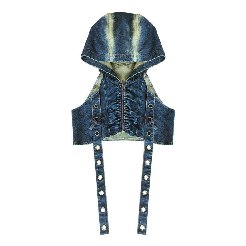 Denim Hooded Punk Zipper Vest